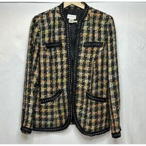 Soft Surroundings Tweed Jacket Open Blazer Large Multicolor Braided Chain Black